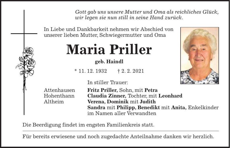 Traueranzeige Maria Priller