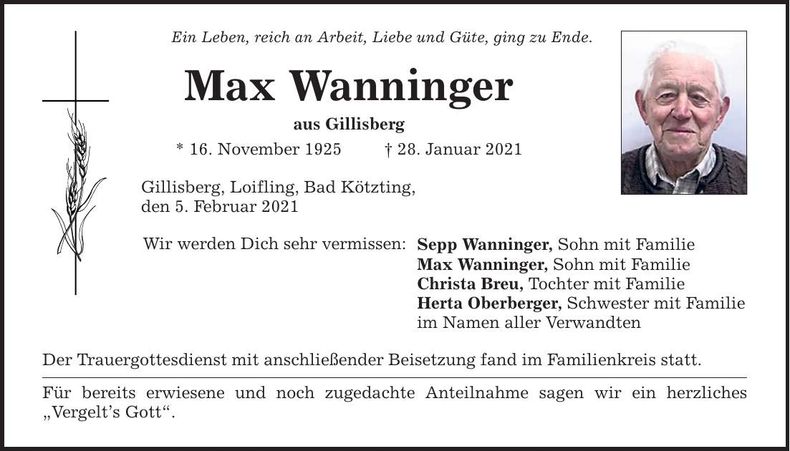 Traueranzeige Max Wanninger