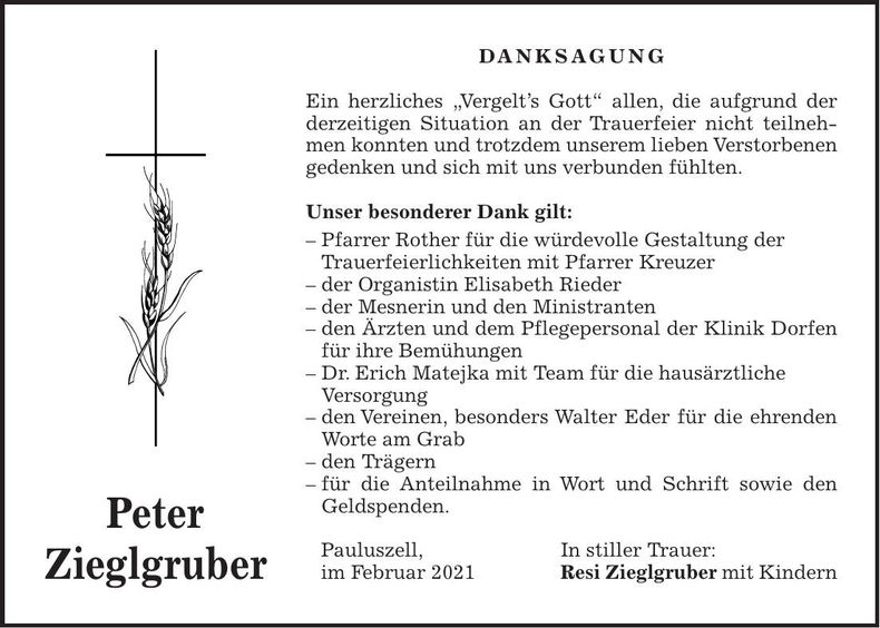 Traueranzeige Peter Zieglgruber