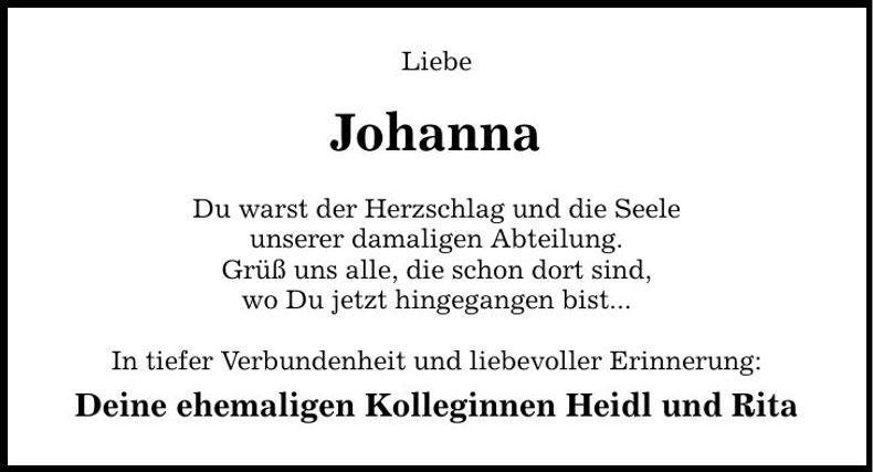 Traueranzeige Johanna Zahorik