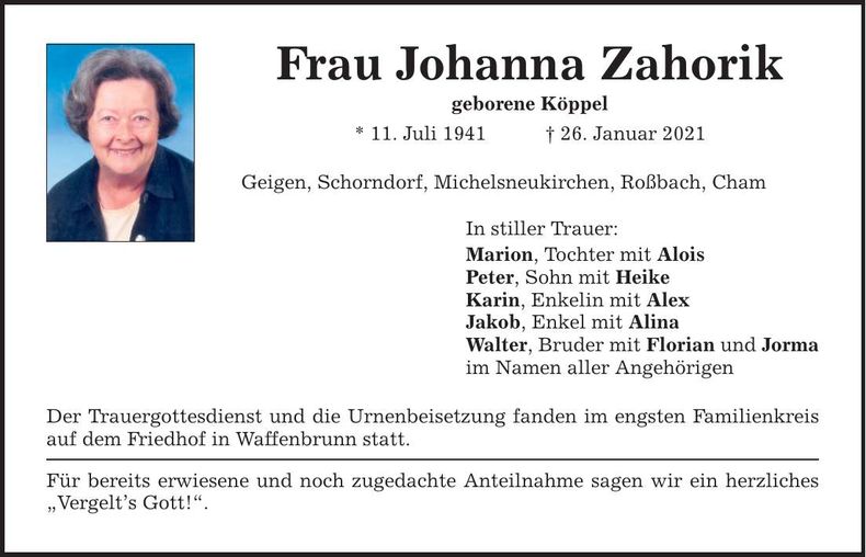 Traueranzeige Johanna Zahorik