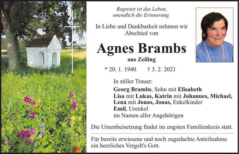 Traueranzeige Agnes Brambs