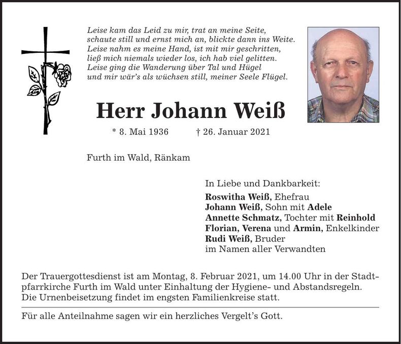 Traueranzeige Johann Weiß