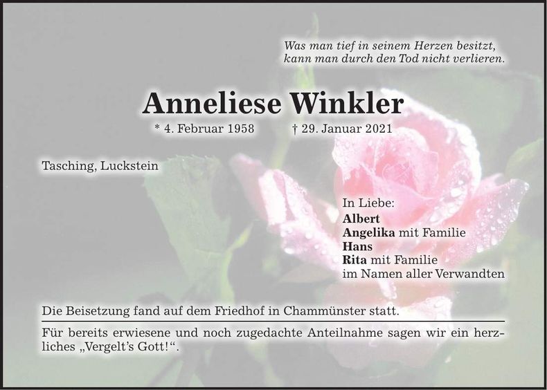 Traueranzeige Anneliese Winkler