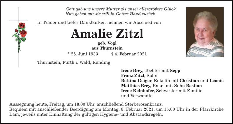 Traueranzeige Amalie Zitzl