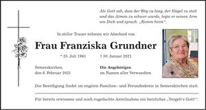 Traueranzeige Franziska Grundner