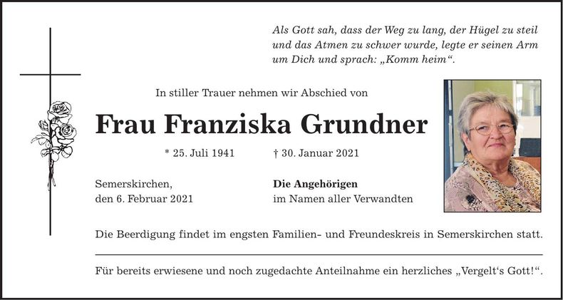 Traueranzeige Franziska Grundner