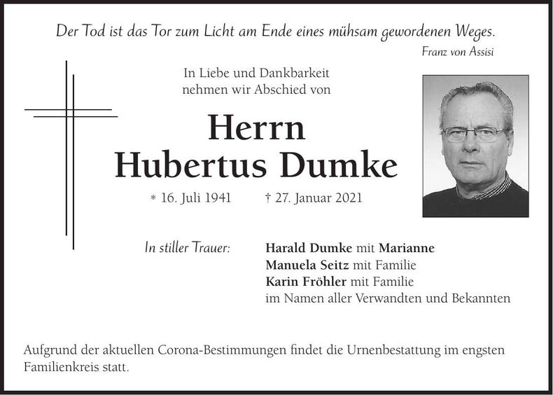 Traueranzeige Hubertus Dumke