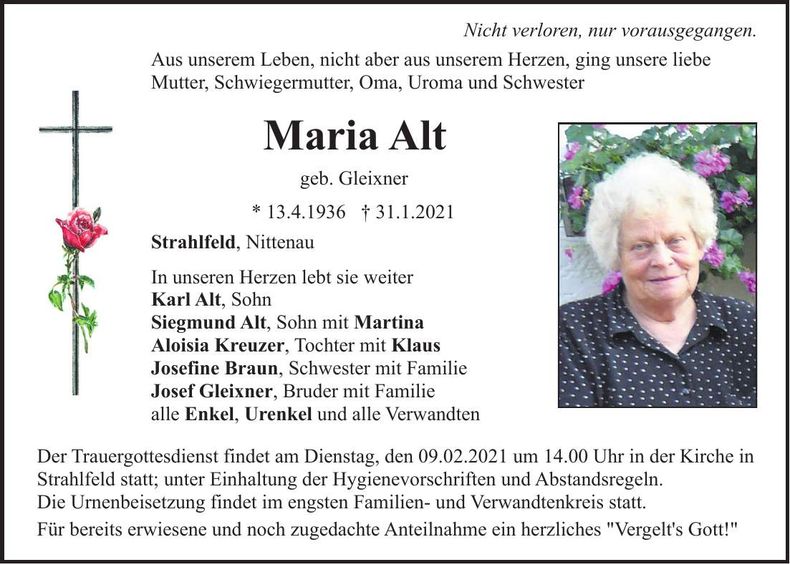 Traueranzeige Maria Alt
