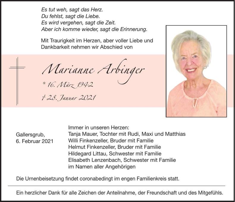 Traueranzeige Marianne Arbinger