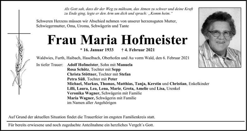 Traueranzeige Maria Hofmeister