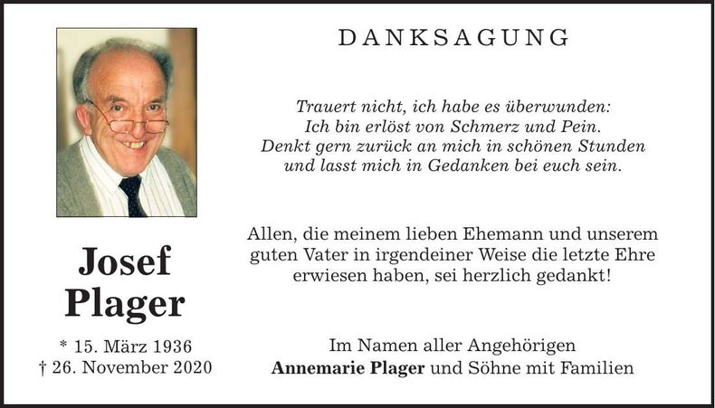 Traueranzeige Joseph Plager