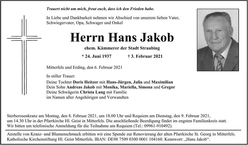 Traueranzeige Hans Jakob