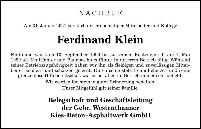 Traueranzeige Ferdinand Klein