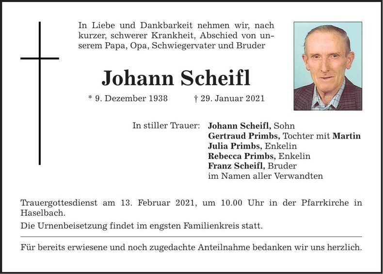 Traueranzeige Johann Scheifl