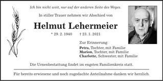 Traueranzeige Helmut Lehermeier