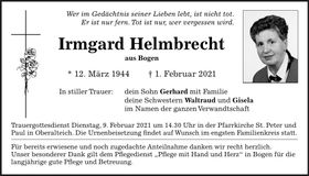 Traueranzeige Irmgard Helmbrecht