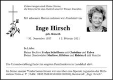 Traueranzeige inge Hirsch