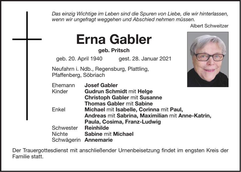 Traueranzeige Erna Gabler