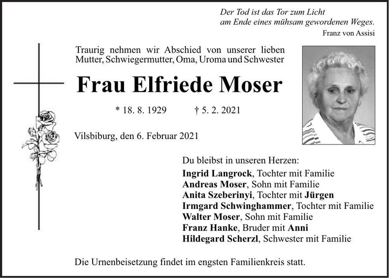 Traueranzeige Elfriede Moser