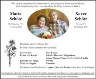 Traueranzeige Maria und Xaver Schötz