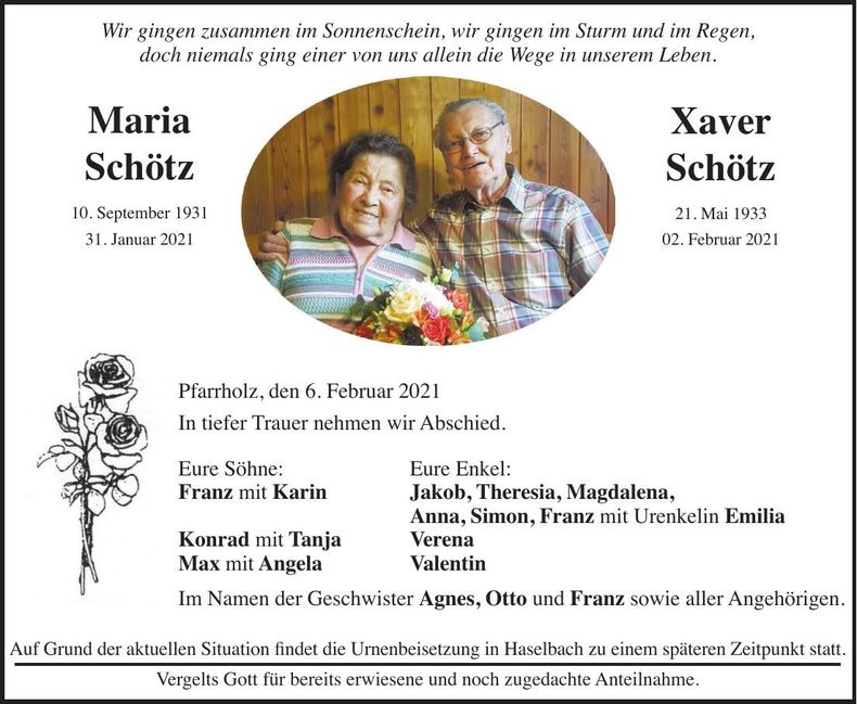 Traueranzeige Maria und Xaver Schötz