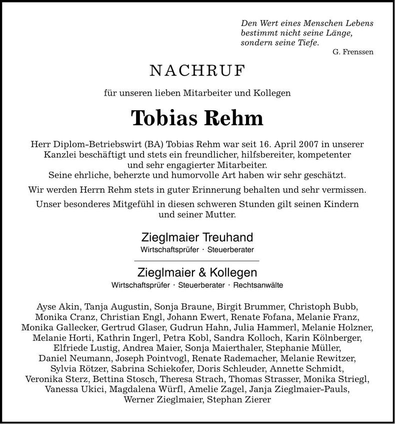 Traueranzeige Tobias Rehm