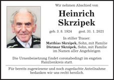 Traueranzeige Heinrich Skrzipek