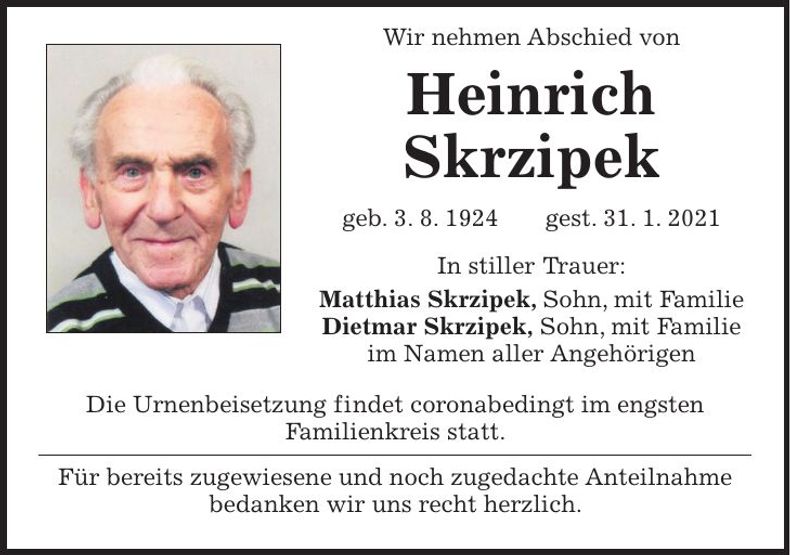 Traueranzeige Heinrich Skrzipek