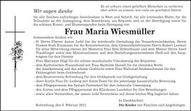 Traueranzeige Maria Wiesmüller