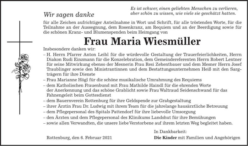 Traueranzeige Maria Wiesmüller