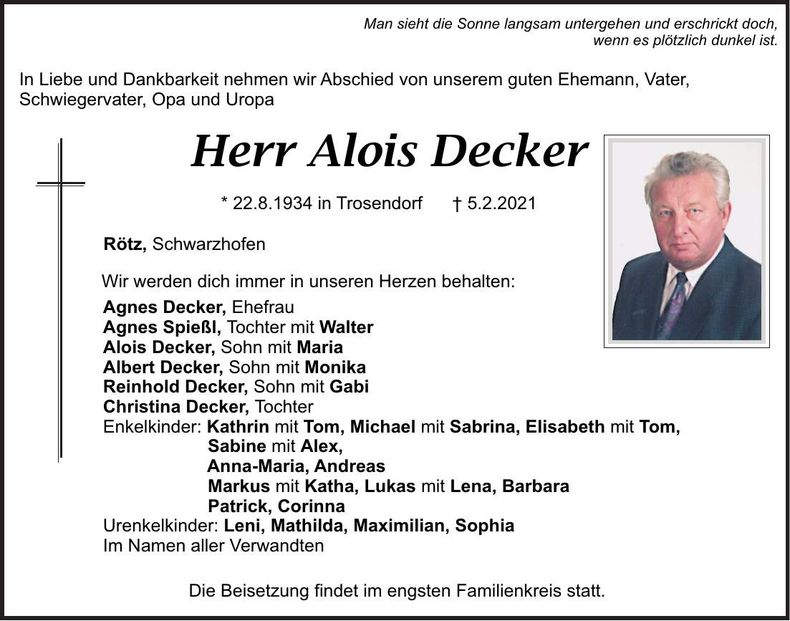 Traueranzeige Alois Decker
