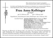 Traueranzeige Anna Kolbinger