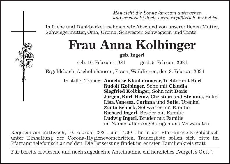Traueranzeige Anna Kolbinger