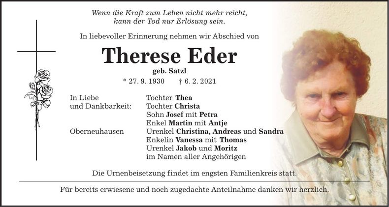 Traueranzeige Therese Eder