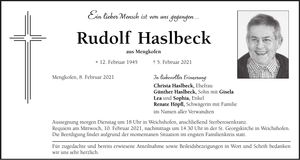 Traueranzeige Rudolf Haslbeck