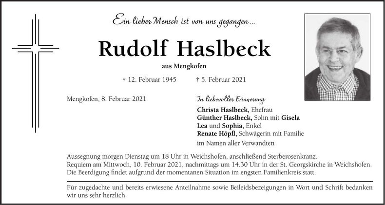 Traueranzeige Rudolf Haslbeck