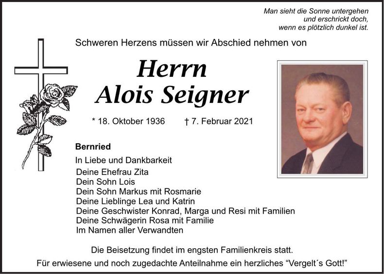 Traueranzeige Alois Seigner