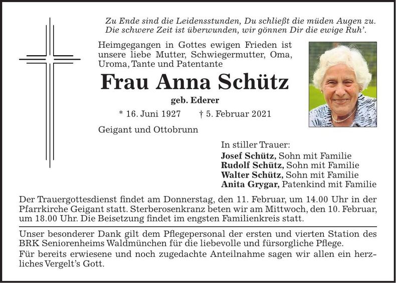 Traueranzeige Anna Schütz