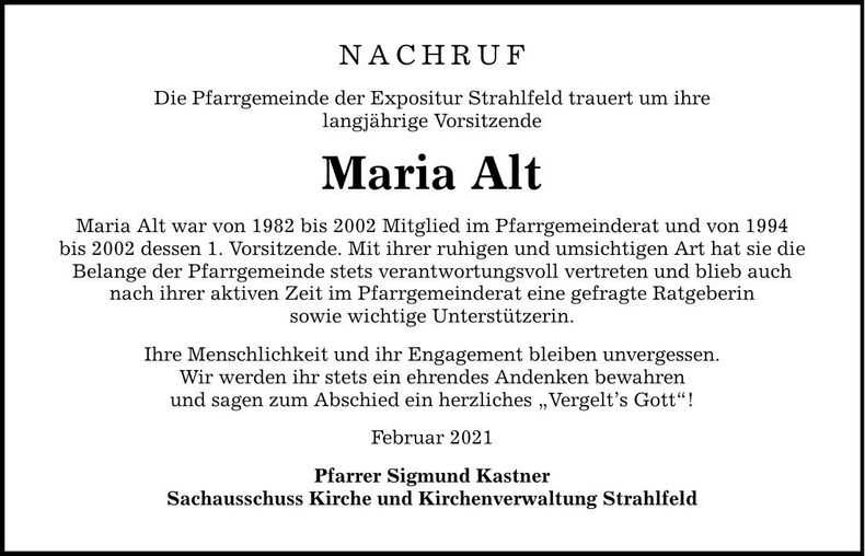 Traueranzeige Maria Alt