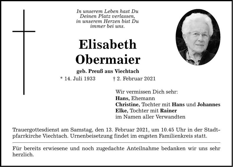 Traueranzeige Elisabeth Obermeier