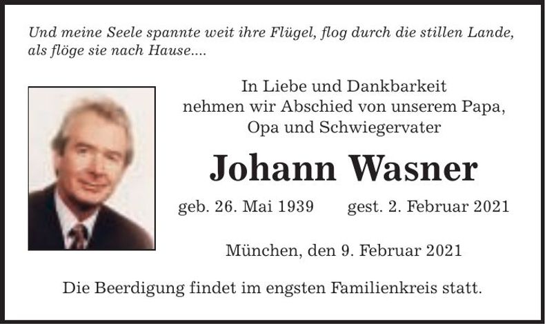 Traueranzeige Johann Wasner