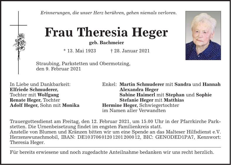 Traueranzeige Theresia Heger
