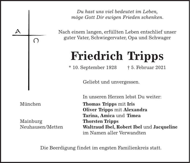 Traueranzeige Friedrich Tripps