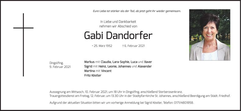 Traueranzeige Gabi Dandorfer