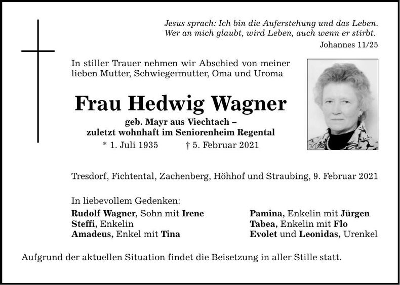 Traueranzeige Hedwig Wagner