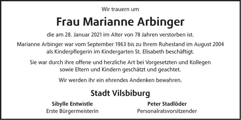 Traueranzeige Marianne Arbinger