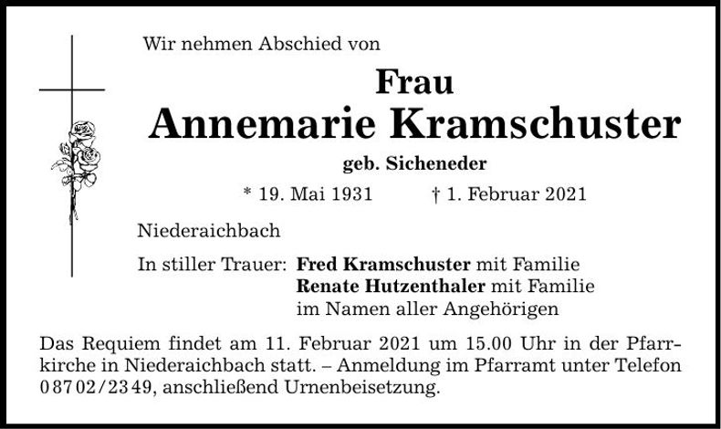 Traueranzeige Annemarie Kramschuster
