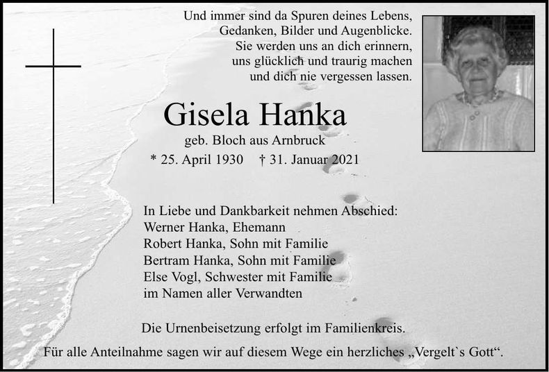 Traueranzeige Gisela Hanka