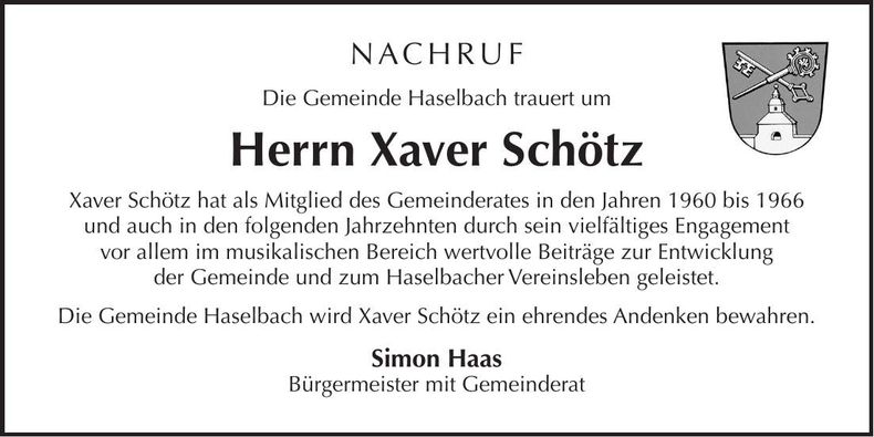 Traueranzeige Xaver Schötz